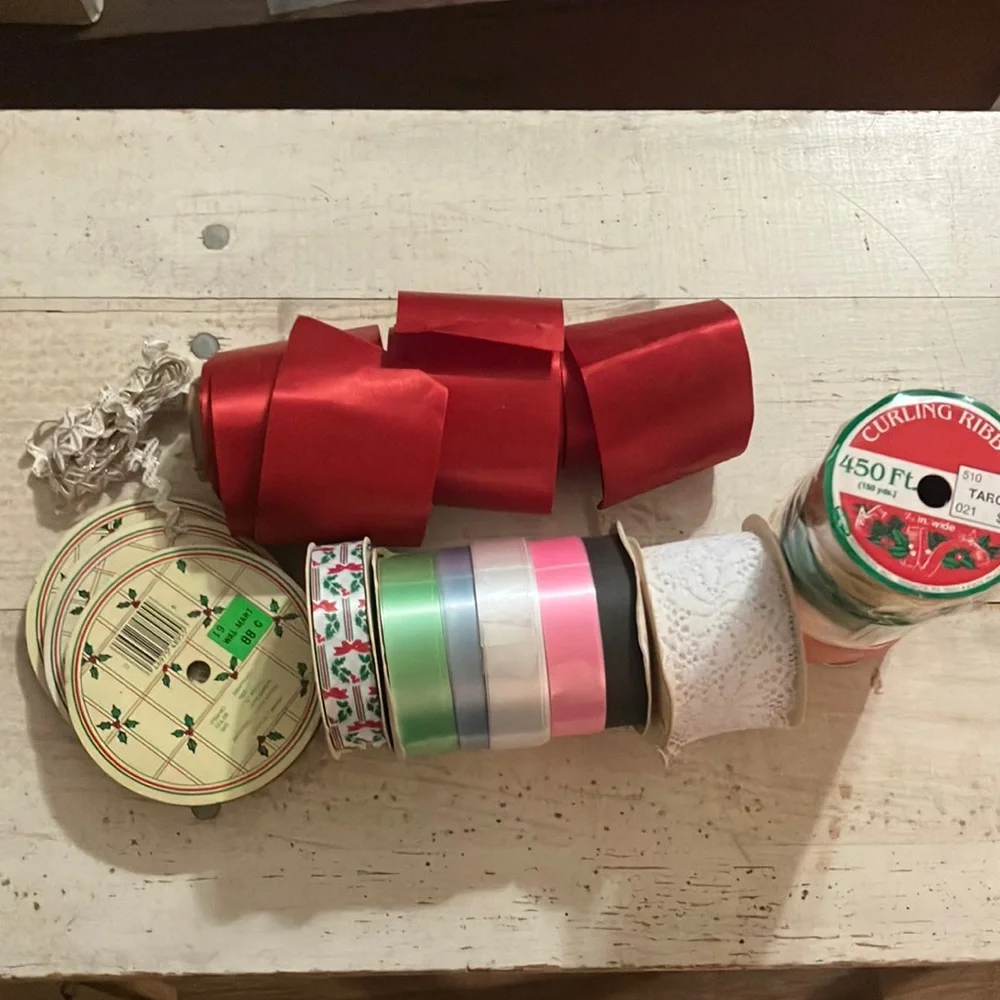 Vintage Used Ribbon Lot Christmas, Satin, Red Velvet